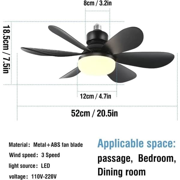 Black Ceiling Fan with LED Lighting 52 cm Dimmable Fan Lamp E27 Remote Control 4 Speeds 3 Light Colors