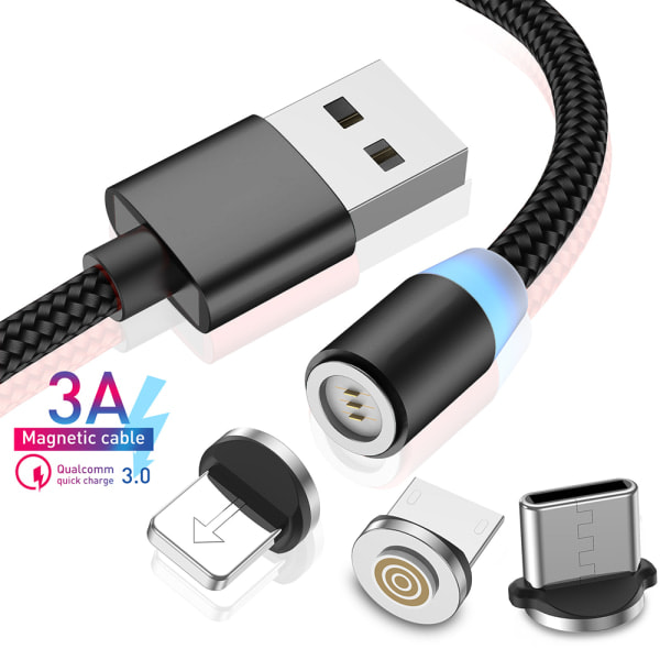 3-i-1 magnetisk laddningskabel, nylon USB kabel, Svart
