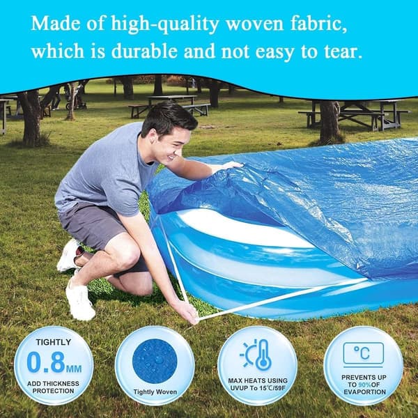 Poolskydd för rektangulära uppblåsbara pooler ovan mark, elastisk kant, damm- och regnskydd, blå, 305 x 183 cm