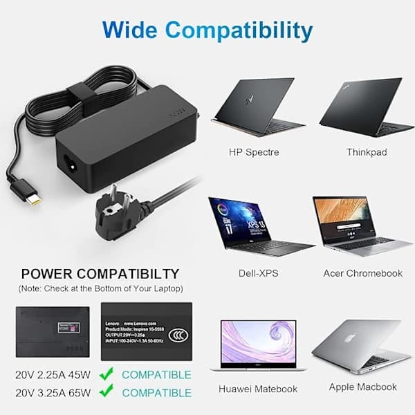 65W USB C Strømlader for bærbar PC for Lenovo ThinkPad Huawei