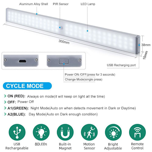Oppladbar LED-lampe med bevegelsessensor - 2-pakning_hapy
