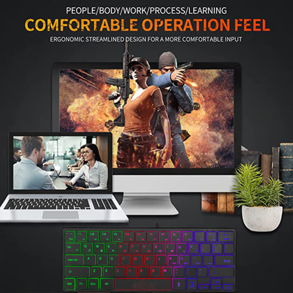 \"QD\" Vedenpitävä Mini Kompakti Peli Näppäimistö 64 Näppäimistö Peliin RGB-Taustavalaistus Ultra Kompakti Mini Näppäimistö PC-Pelaamiseen