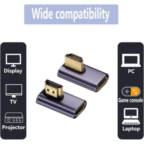 QQU-8K HDMI-sovitin 90 asteen vasen ja oikea kulma HDMI-uros - naarasjatkoliitin 8K@60Hz:llä, (vasen ja oikea)