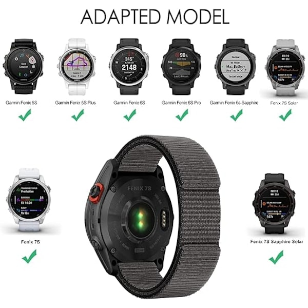 [QD] Kardborreband för Garmin Fenix 7S/ Fenix 6S/ Fenix 5S, 20mm Justerbart Flätat Nylonarmband Grå
