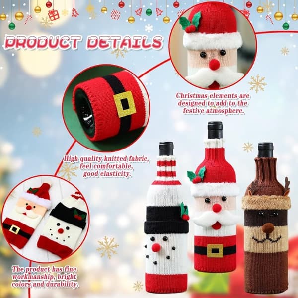 Julöverdrag för vinflaskor, 3-pack stickade vinflasköverdrag, vinflaskförpackningar för jul, vinflaskdekoration