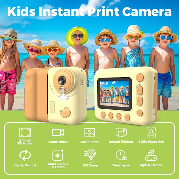 Instant Børne Fotokamera, 1080P 2.4\" Instant Print Kamera til Børn med Termisk Papir Farve Tusser Halsrem, Gul Yellow