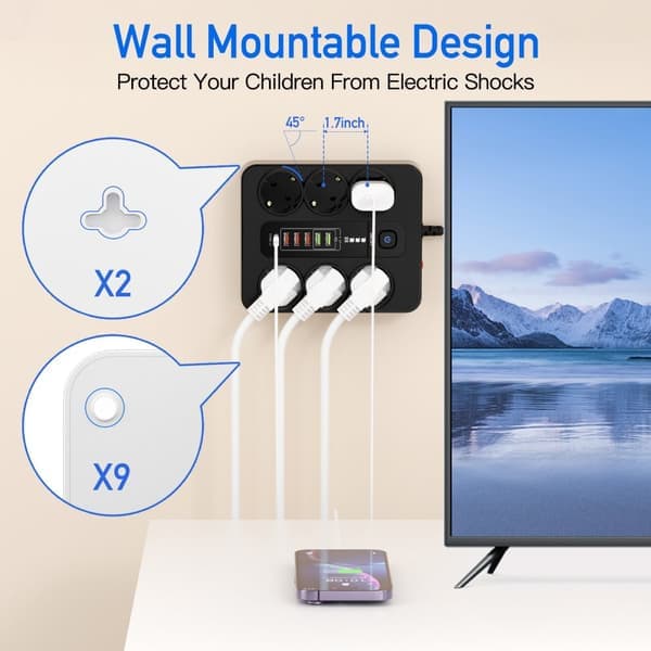EU 6-Stikdåse, 5 USB-porte, 1 USB-C-port