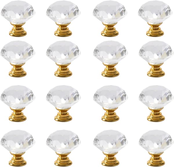 10-pak Hardware Træk, 30 mm Diamantglas Skuffeknopper, Guld Base