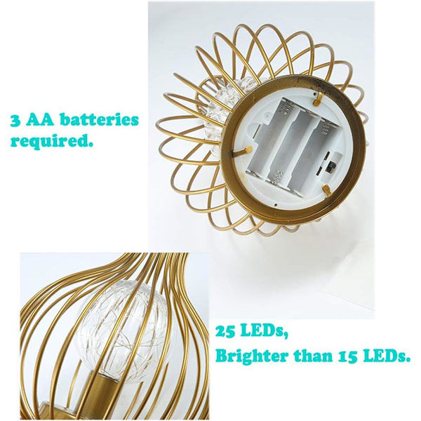 [QD] Metallbordlampe med batteridrift, nattlampe med LED-fe-stjernestrenglys for soverom, hjem, bryllup - 16x16x25 cm