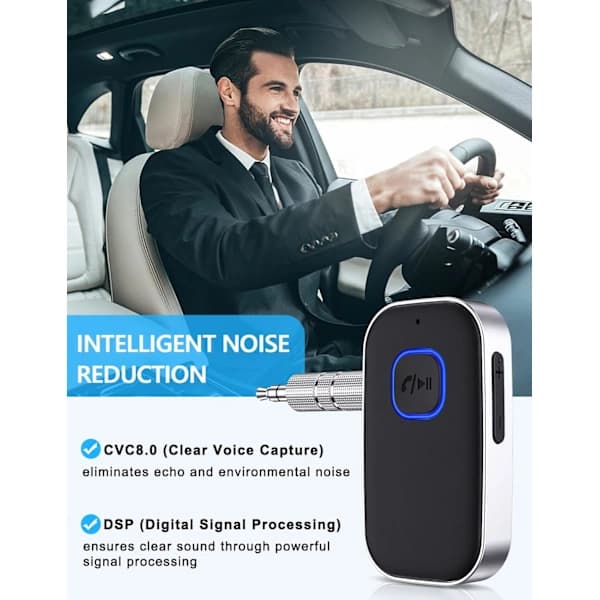 Bluetooth-mottaker for bil, støyreduserende 3,5 mm AUX Bluetooth-billader, håndfrie samtaler, 16 timers batteritid - Svart+Sølv