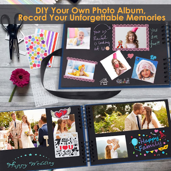 [QD] Splend DIY Fotoalbum - 80 Svarte Sider - Fotobok for Innliming - DIY-Gave - For Baby, Familie - Blå