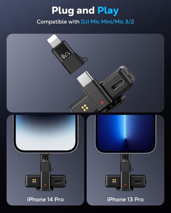 USB-C til Lightning-lydadapter kompatibel med DJI Mic Mini/Mic 2/3-mottaker, hurtiglading for iPhone 14 13 12 11 iPad-vlogging