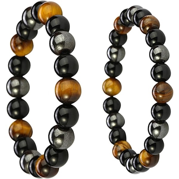 [QD] Triple Beskyttende Armbånd 2 Stykker Sort Obsidian Armbånd Tigerøje Sten Sort Hæmatit 8mm, 10mm til Mænd Metal