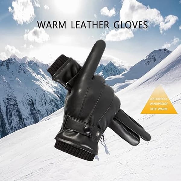 Vinter-termohandsker til mænd, PU-læder touchscreen-kørehandsker med justerbar håndledsrem, varme vindtætte sorte