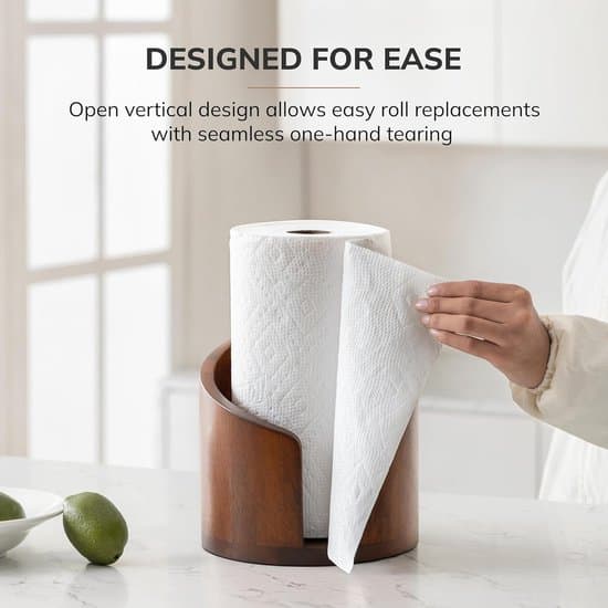Paper Towel Holder Stand Solid Wood Vertical Roll Dispenser With Metal Side Bar for Kitchen Countertop Dining Table Brown