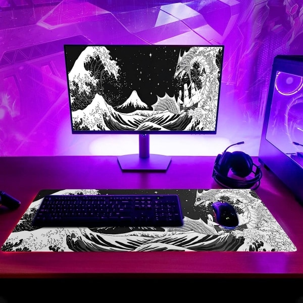 [QD] Sort og hvid japanske bølger Sea Dragon Gaming Musemåtte Abstrakt sort måtte 31,5x11,8 tommer Sea Wave Texture Skridsikker R
