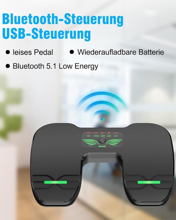 Bluetooth Sidevender-pedal, genopladelig fodkontakt til håndfri læsning og musik, fungerer med iOS, Android og Windows-tablets