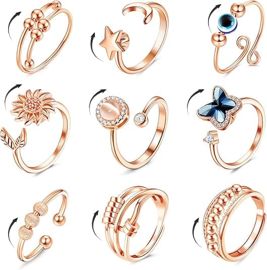 9 stk. angstringe til kvinder og mænd, spinnerringe til angstlindring, stress, åbne CZ blomst måne stjerne anti-roterende ringe justerbare Rose Gold -A