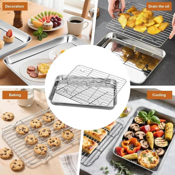 Bageplade i rustfrit stål med afkølingsrist, stabelbar non-stick bageplade til småkager, brød, kød og grøntsager, ovnsikker