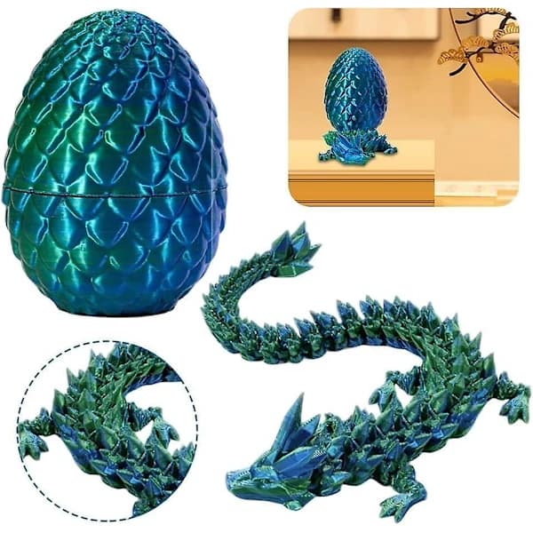3D-printad drake i ägg, fullt rörlig kristalldrake med drakägg Blå