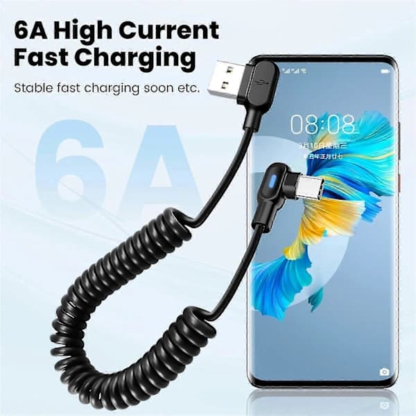 Fleksibel Vendbar USB C Ladekabel 6A Hurtiglading Spiraldesign Ladekabel for Flere Enheter 2m