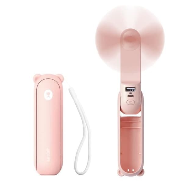 /QD/Mini Bärbar Handhållen Fläkt 3 i 1, Uppladdningsbar, Batteridriven Fläkt med Powerbank Ficklampa Funktion - Rosa