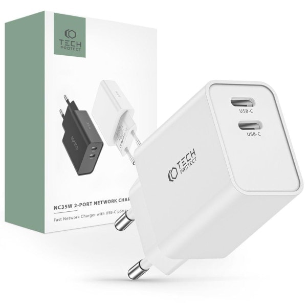 Tech-Protect 35W PD 2x USB-C Vegglader Hvit˜QD