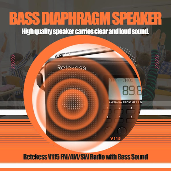 V115 Digital Bärbar Radio, AM FM Personlig Transistorradio, Stöd för TF-kort med Inspelare, MP3-spelare, Sleeptimer (Svart)˜QD