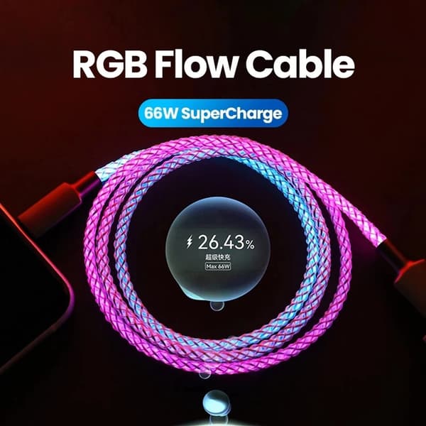 QU-6A RGB LED Flytende USB-kabel 100W Hurtiglading Pustelys Type C USB Hurtiglade Datakabel 1m Type C USB Cable