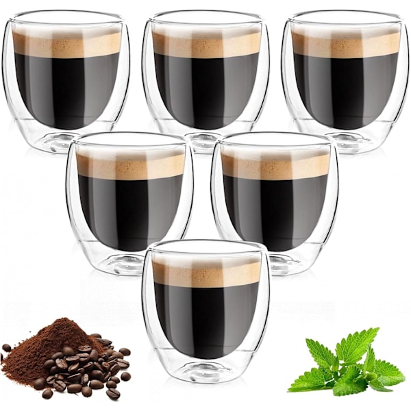 QU*6 stykker kaffekopper glas, 250 ml dobbeltglas, borosilikatglas dobbeltvæggede kaffekrus til mælk, kaffe, havre, yoghurt