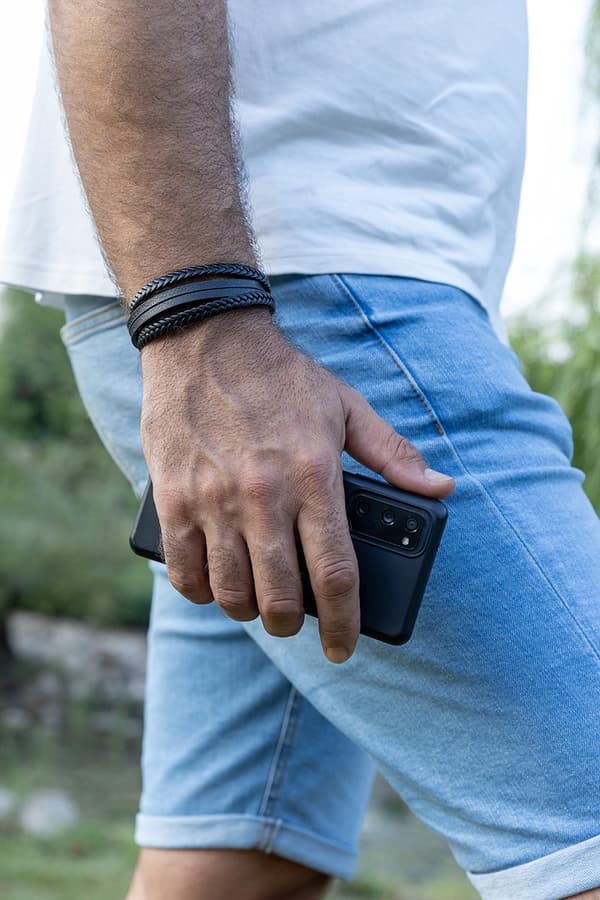Flettet læderarmbånd til mænd, ægte sort læder, magnetisk lås i rustfrit stål, justerbart, gave til far, mand, bedstefar
