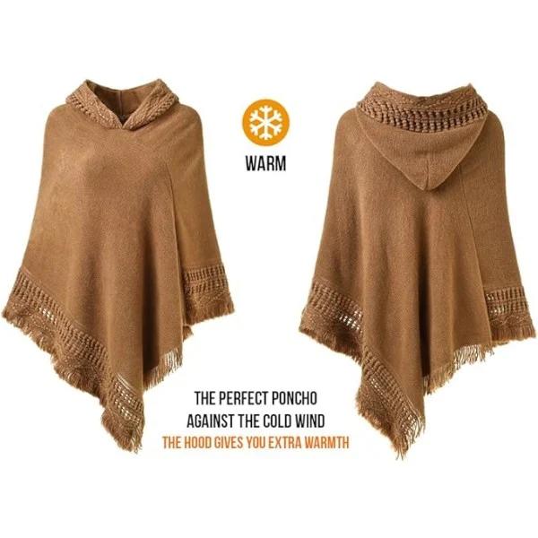Hæklet hætte Poncho Cape (khaki) til efterårsvinterkvinder