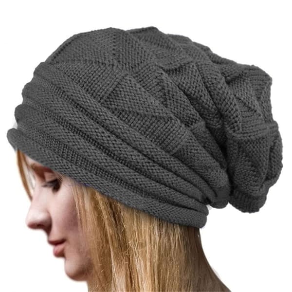 Vinterhat, strikket varm elastisk vinterhat til kvinder, stribet skihue, moderigtig skull hat, mørkegrå