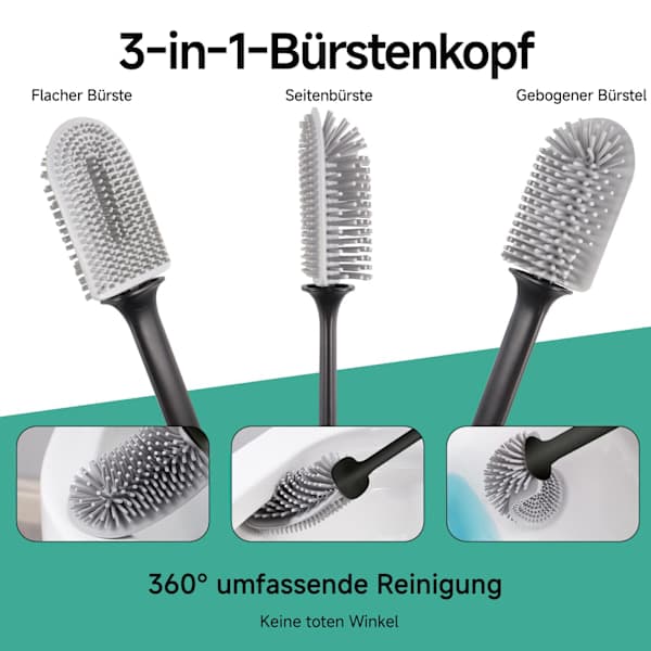 QU)WC-harja 3-in-1 harjaspäällä, silikoni-WC-harja, WC-harmaa