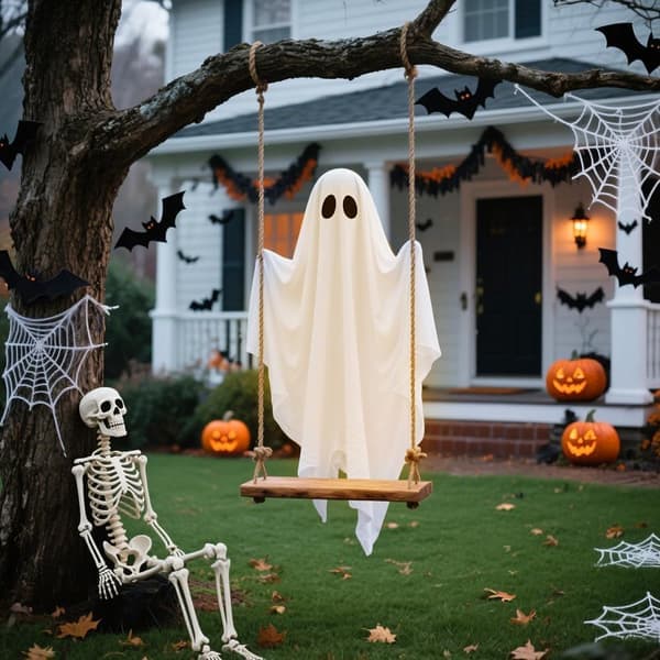 Halloween Outdoor Decorations - Large Hanging Swinging Ghost Decor with Remote Control - 5 Ft