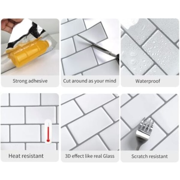 #QD# 10 stycken vita självhäftande tunnelbanekakelplattor, självhäftande baksida för kök, badrum, 3D-tegel, vinyltapet, 30,5 x 30,5 cm