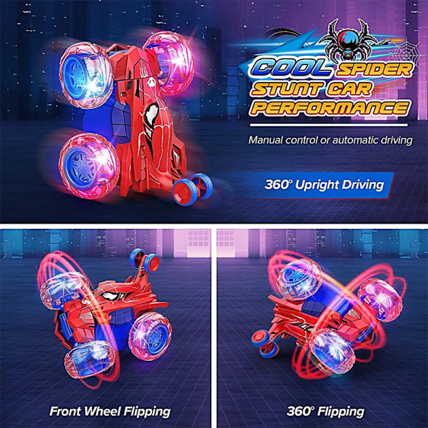 Spiderman RC-bil RC-leker, oppladbar stunt RC-bil med 360 graders flip firehjulsdrift hjulbelysning Spider-Man remote control color box