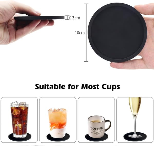 12-pak silikone coasters, med jernstativ, til varme/kolde drikke, sort, tyk