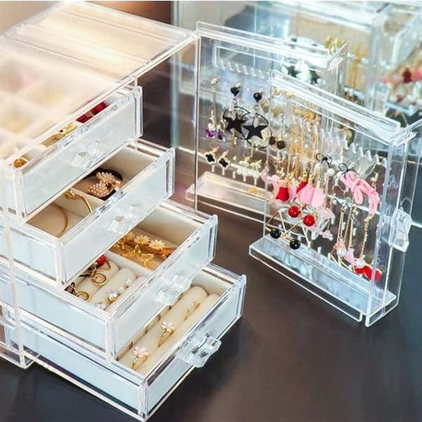 Sminkoppbevaring Akryl Organizer for smykker med 4 skuffer & 2 øredobbeholdere - SF 1142_qq