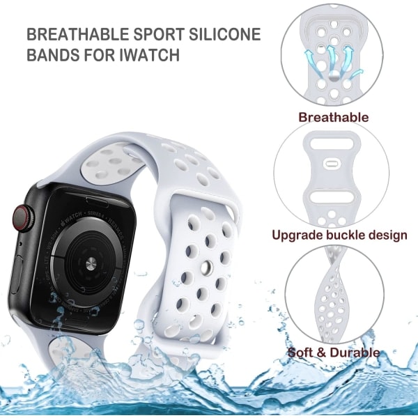 [QD] Kompatibel med Apple Watch armbånd til mænd og kvinder, åndbart sportsarmbånd i silikone til størrelse: 38/40/41 mm/Sølv Platinum & Ren Hvid