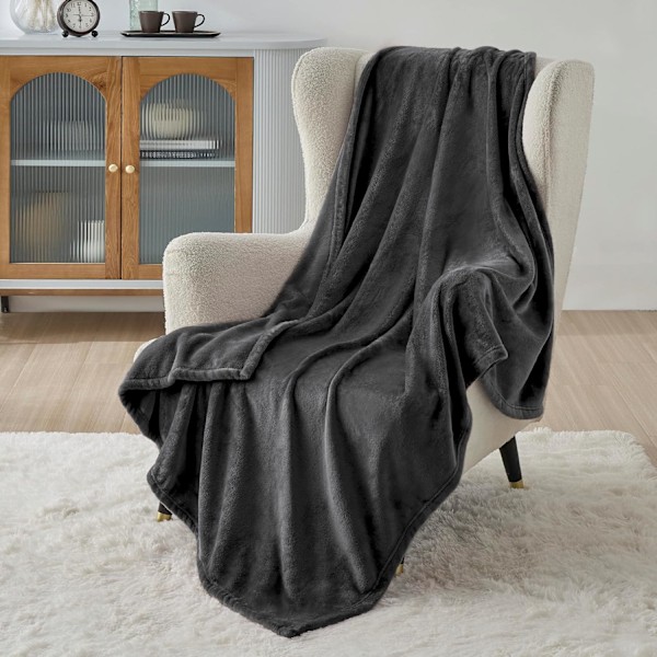 QU*Bedsure Flanell sofaplaid 150x200 cm - Ekstra blød 100% mikrofiber Vendbar 90 sengeplaid - Åndbar antracit sort plaid