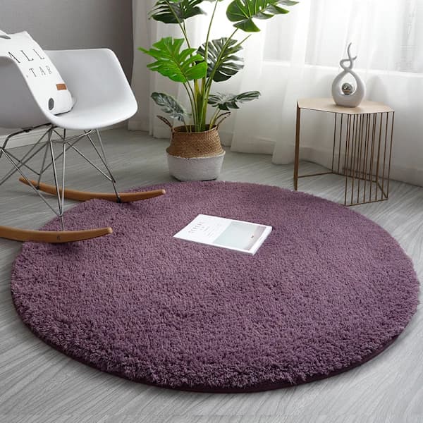 Rund tjock plyschmatta för vardagsrum sovrum - Lila grå Diameter 80cm
