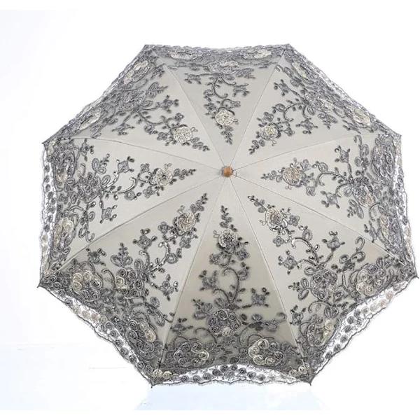 Vikbart UV-skydd broderat bröllopsparaply för sol, regn och snö, silvergrå, 100 cm