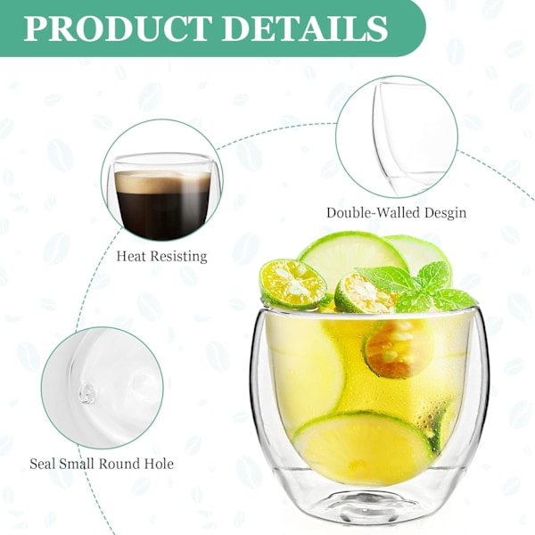 QU*6 stykker kaffekopper glas, 250 ml dobbeltglas, borosilikatglas dobbeltvæggede kaffekrus til mælk, kaffe, havre, yoghurt