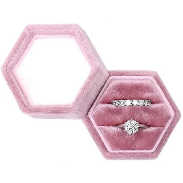 Hexagon Sammet Dubbla Fack Ring Arvegods Låda Förlovningsring Låda (Rosa)