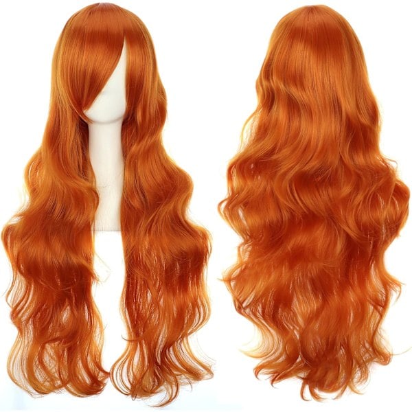 \"QD\" 32\" Lång Vågig Lockig Hår Cosplay Peruk med Lugg för Kvinnor Värmebeständig Syntetisk Peruk för Fest Kostym Anime Halloween (Ginger)