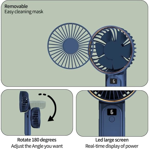 Bærbar Håndholdt Ventilator, 4000mAh Skrivebordsventilator, Blå