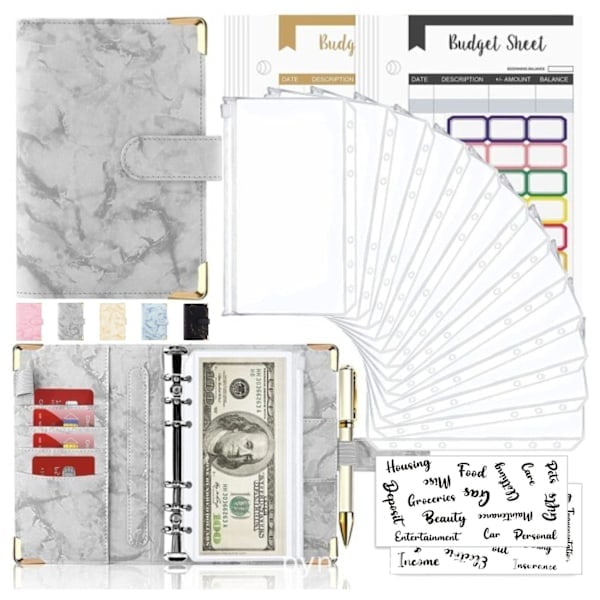 Budgetmappe A6 i Marmor med Kontantkuvert, Udgiftsmonitor Notesbog Sort˜QD