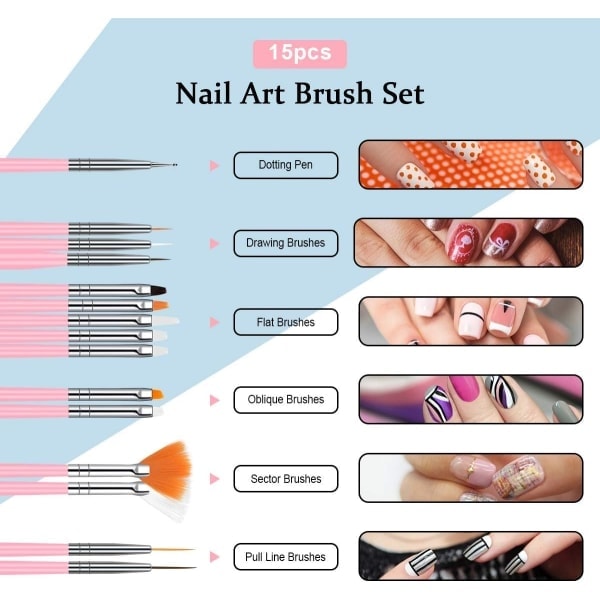 \"QD\" Nagelkonstborstset, 15 st akryl nagelpennor och 5 st nagelprickverktyg