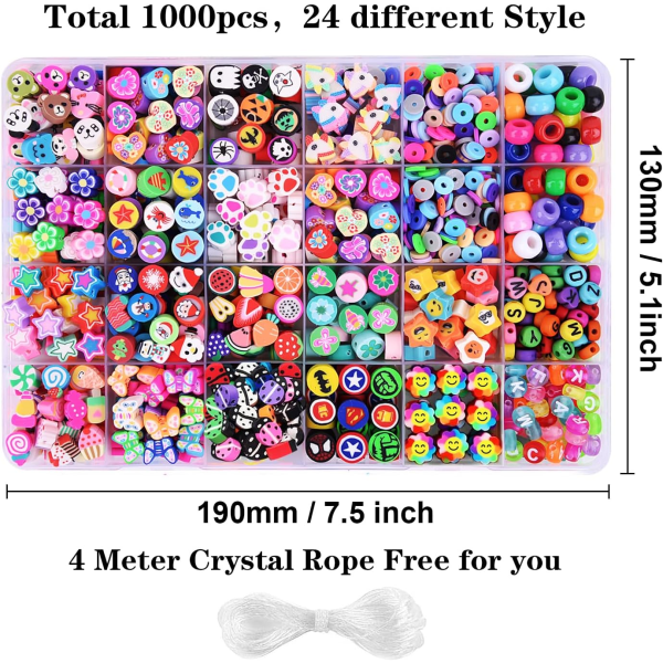 [QD]1000 stk Polymer Clay Beads Armbånd Lagingssett, 24 stiler søte morsomme perler Frukt Blomst Dyr Kake Sommerfugl Hjerte for Smykker Halskjede Ø
